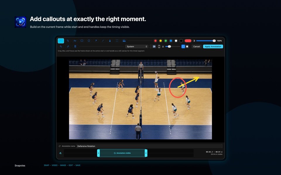 Snapvies Video Annotation editor showing timed visual callouts over a volleyball recording.