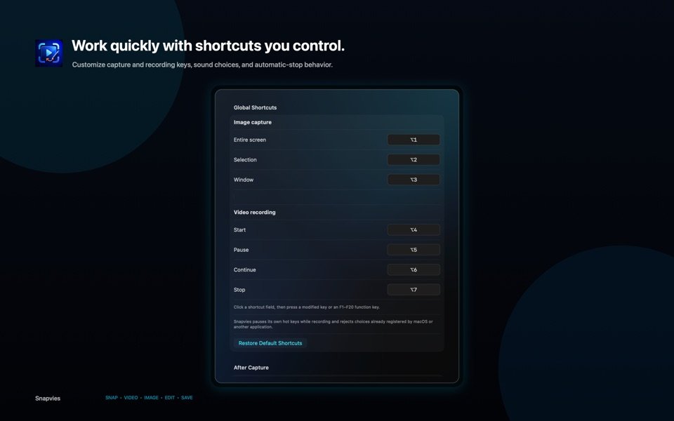 Snapvies Settings showing customizable global shortcuts and capture preferences.