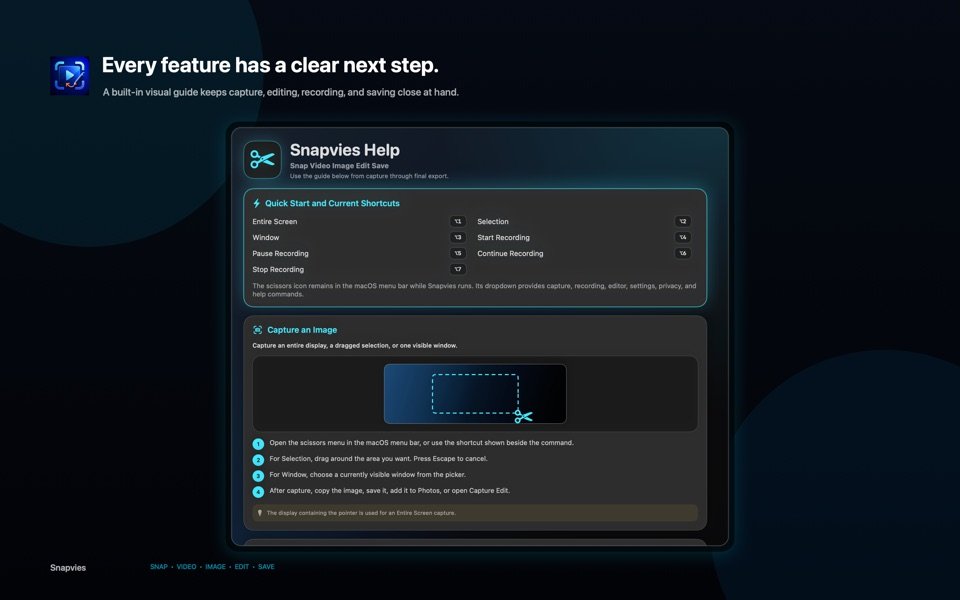 Snapvies Help showing current shortcuts and illustrated directions for capture and annotation.